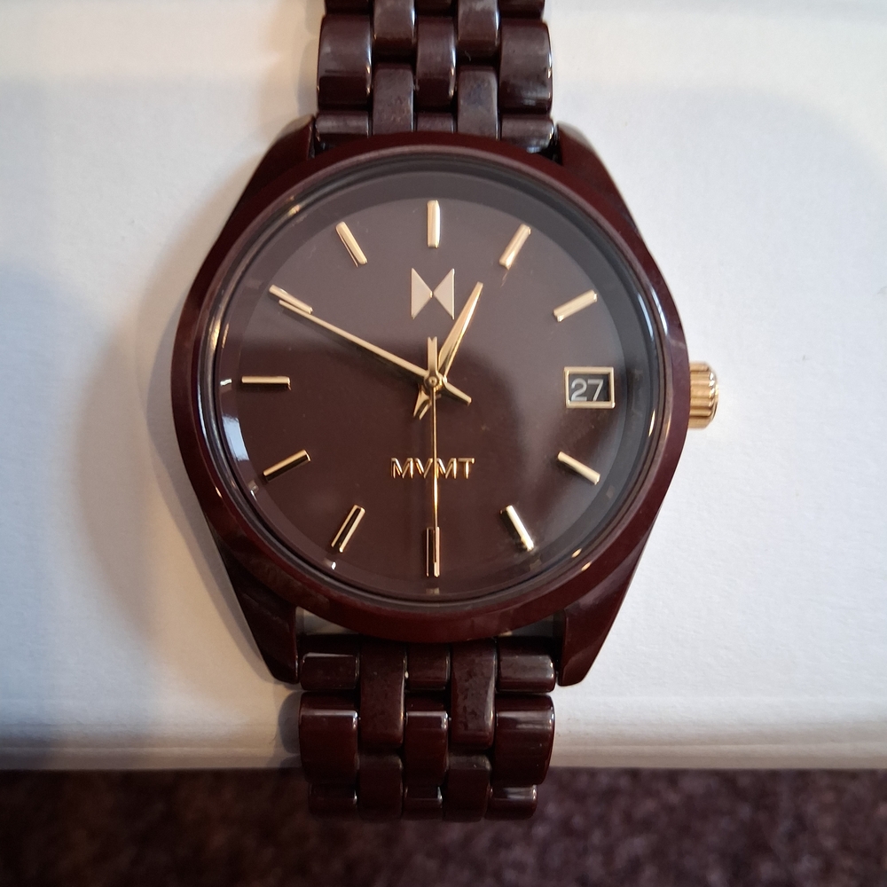 MVMT Womens' Ceramic Boyfriend Watch In Napa Red with Gold Accents